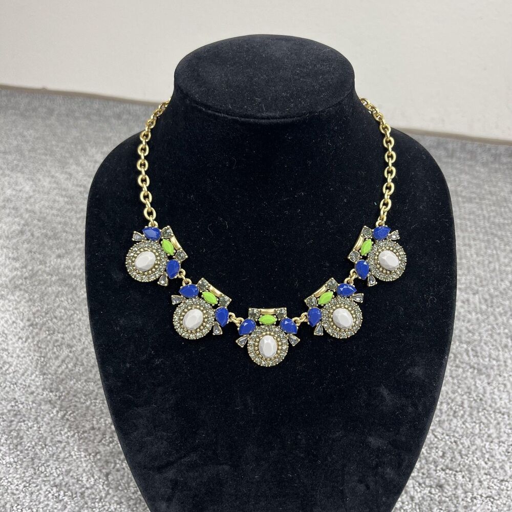 J Crew Necklace Blue Green Bib Rhinestone Gold Tone Women Jewelry Signed Western